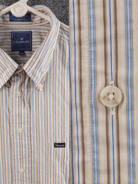 Faconnable Beige Blue USA Striped Cotton 2XL Button-Down Pocket Long Sleeve Mens